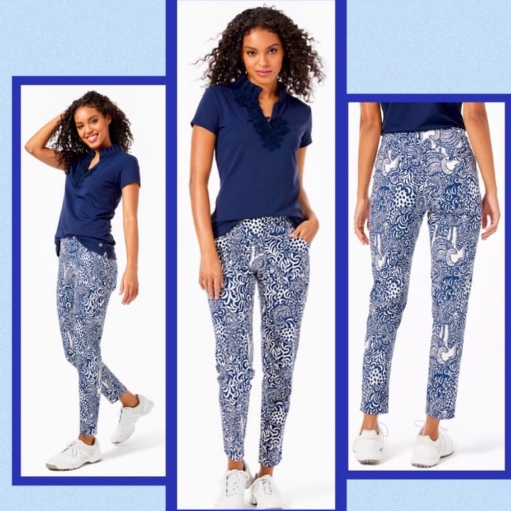 LILLY PULITZER UPF 50+ LUXLETIC 28" CORSO PANT IN HIGH TIDE NAVY GDAY MATE GOLF